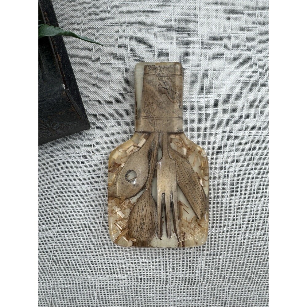 Boho 70s Resin Spoon Rest Rustic Wood Utensil Kitchen Retro Artisan Handmade